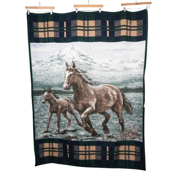 Biederlack Other - Biederlack Horse Foal Throw Blanket VTG Plaid Border Green Blue Running USA